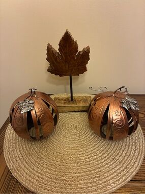 Decorative Metal Pumpkin Pair with Leaf Accent - Copper
